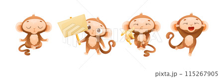 Funny Brown Monkey with Prehensile Tail Enjoying Different Activity Vector Set Funny Brown Monkey with Prehensile Tail Enjoying Different Activity Vector Set 115267905