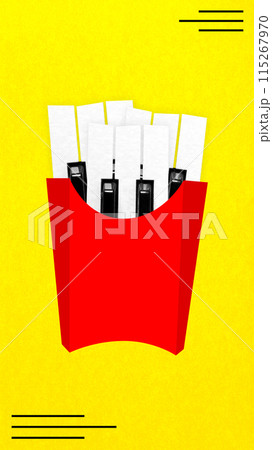 Fast Food Fantasia. French fry container with piano keys inside against bright yellow background. Contemporary art collage. 115267970
