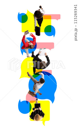 Top view of energetic and ambitious people, employees in motion, finishing tasks. Contemporary art collage. 115269341