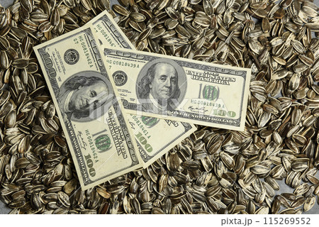 Dollars banknotes and sunflower seeds, oleaginous Commodity value concept. Dollars banknotes and sunflower seeds, oleaginous Commodity value concept. 115269552