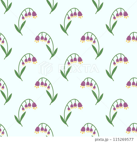 Vector seamless spring pattern of lilies of the valley on a light green background. Vector flat illustration. 115269577