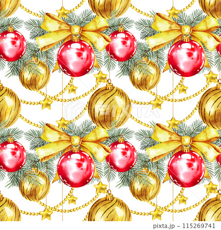 watercolor seamless pattern with Christmas tree with golden Christmas golden bow, balls, stars, hand drawn sketch of green fir branches with Christmas tree toys, white background, winter illustration watercolor seamless pattern with Christmas tree with golden Christmas golden bow, balls, stars, hand drawn sketch of green fir branches with Christmas tree toys, white background, winter illustration 115269741