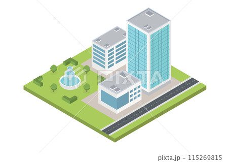 Isometric office, work station, glass building on white background. 3D design isometric vector Illustration. Isometric office, work station, glass building on white background. 3D design isometric vector Illustration. 115269815