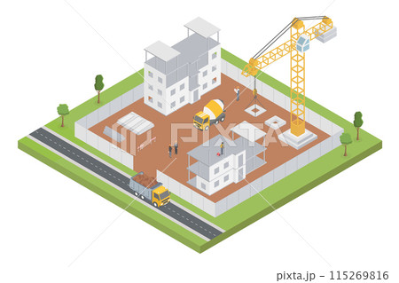 Isometric building construction with crane, equipment, machines and builders. City is under construction. Vector illustration concept. Isometric building construction with crane, equipment, machines and builders. City is under construction. Vector illustration concept. 115269816