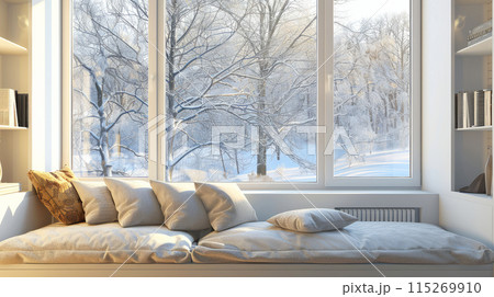 Bright Reading Nook with Cushions and Snowy Trees Outside Window. Ideal for Winter Comfort and Relaxation. 115269910