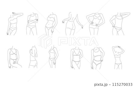 Woman body one single continuous line silhouette set. Vector stock illustration isolated on white background for design template beauty and spa calendar, social media. Editable stroke. EPS10 Woman body one single continuous line silhouette set. Vector stock illustration isolated on white background for design template beauty and spa calendar, social media. Editable stroke. EPS10 115270033