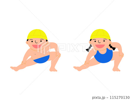 笑顔で準備運動をする水着の男の子と女の子　黄色キャップ　 115270130