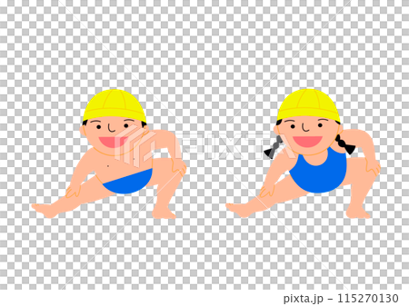 笑顔で準備運動をする水着の男の子と女の子　黄色キャップ　 115270130