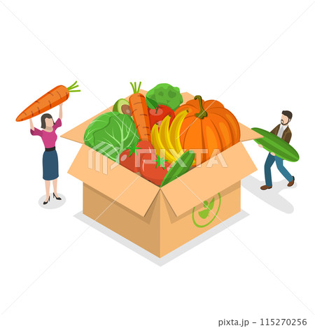 3D Isometric Flat Illustration of Vegetables Buying, Shopping Scene Set. Item 3 3D Isometric Flat Illustration of Vegetables Buying, Shopping Scene Set. Item 3 115270256