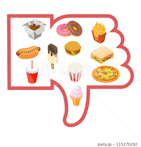 3D Isometric Flat Illustration of Healthy Vs Junk Food, Fastfood and Balanced Menu Comparison. Item 2 3D Isometric Flat Illustration of Healthy Vs Junk Food, Fastfood and Balanced Menu Comparison. Item 2 115270292