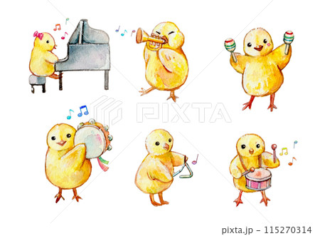 楽器を演奏するひよこのイラストセット 楽器を演奏するひよこのイラストセット 115270314