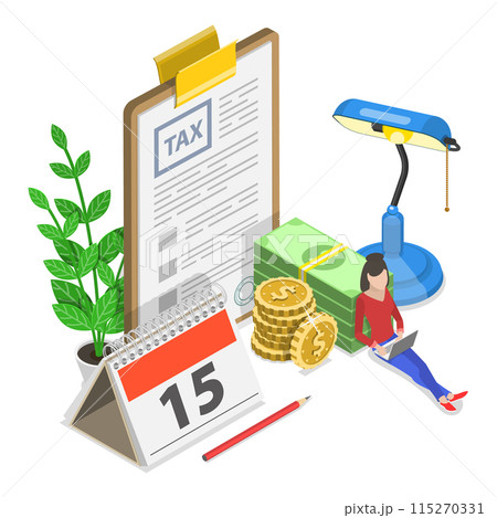 3D Isometric Flat Illustration of Tax Calcualtion Report, Online Declaration Filing. Item 1 3D Isometric Flat Illustration of Tax Calcualtion Report, Online Declaration Filing. Item 1 115270331