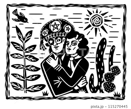 Lampiao and Maria Bonita. Bandits, folk heroes of Brazil. Brazilian cordel style. Northeast woodcut style 115270445