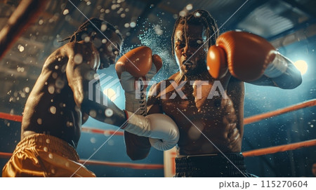 Intense scene in a boxing ring with two black athletes engaged in match. Dynamic movement of boxers 115270604