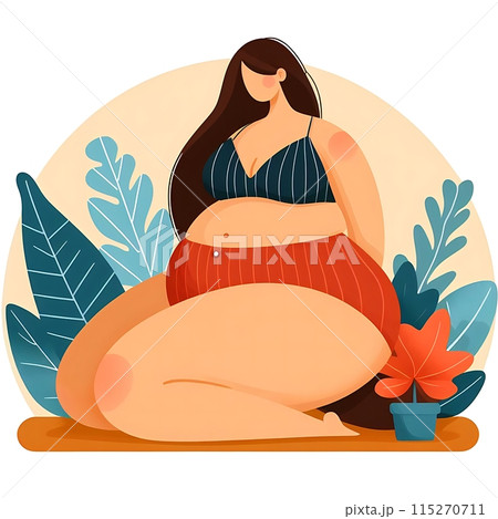 Simple illustration: a cute young woman with voluptuous curves surrounded by plants. Perfect for natural products and eco-themes. Isolated on white background 115270711