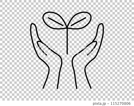 Illustration of two leaves surrounded by both hands_Monochrome 115270806