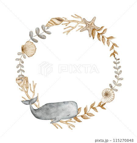 Wreath made of shells, twigs, with a starfish and a whale sperm whale in vintage style. Frame of watercolor illustrations for children's greeting cards, posters, clothes, dishes, packaging Wreath made of shells, twigs, with a starfish and a whale sperm whale in vintage style. Frame of watercolor illustrations for children's greeting cards, posters, clothes, dishes, packaging 115270848