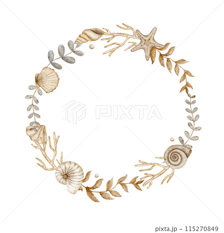 Wreath of shells, branches, starfish, seaweed, corals in watercolor style. Illustration for greeting cards, tableware, packaging, printing 115270849