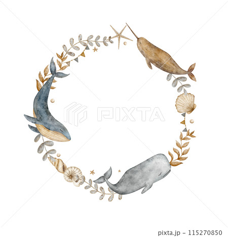 Wreath of shells and twigs with whales in vintage style. Frame of watercolor illustrations for children's greeting cards, posters, clothes, dishes, packaging Wreath of shells and twigs with whales in vintage style. Frame of watercolor illustrations for children's greeting cards, posters, clothes, dishes, packaging 115270850