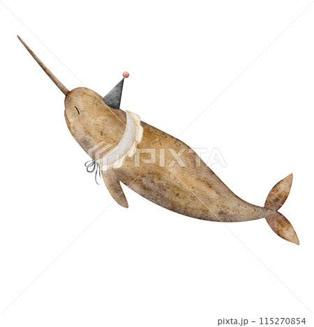 Vintage whale narwhal in party cap, collar. Illustration in watercolor technique for cards, posters, clothing, shoppers, dishes, stickers Vintage whale narwhal in party cap, collar. Illustration in watercolor technique for cards, posters, clothing, shoppers, dishes, stickers 115270854