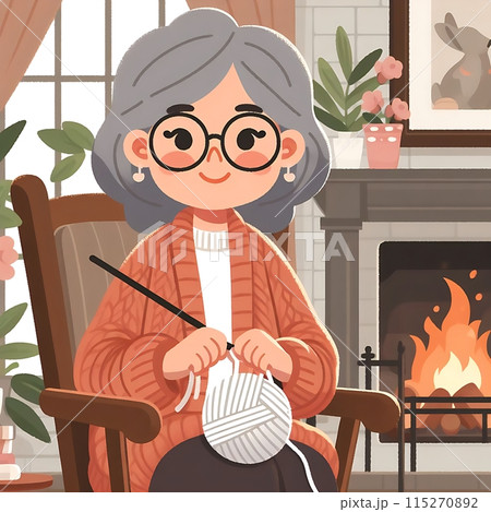 A cartoonish elderly woman sits by the fireplace, knitting in a cozy armchair. Warmth, comfort, and timeless charm in this heartwarming scene 115270892