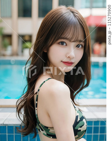 プールで水着を着て優しく微笑むロングヘアの女性 プールで水着を着て優しく微笑むロングヘアの女性 115270900