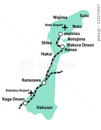 石川県の線路空港英語地名入り地図イラスト_緑色 石川県の線路空港英語地名入り地図イラスト_緑色 115271017