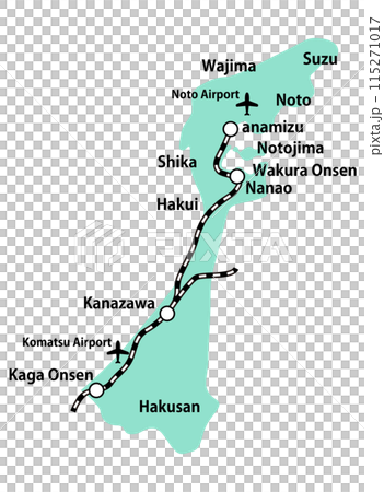 石川県の線路空港英語地名入り地図イラスト_緑色 石川県の線路空港英語地名入り地図イラスト_緑色 115271017