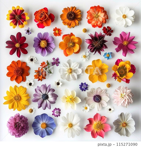 Collection realistic meadow wildflowers and garden flowers, white background 115271090