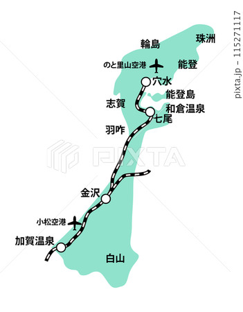 石川県の線路空港地名入り地図イラスト_緑色 115271117