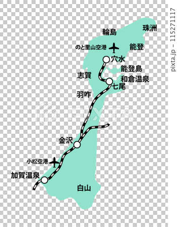 石川県の線路空港地名入り地図イラスト_緑色 115271117