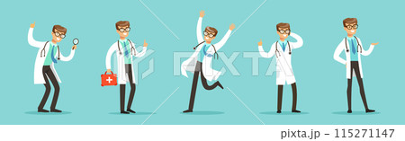 Man Doctor Character in White Coat with Stethoscope in Different Pose Vector Set 115271147