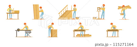 Man Carpenter Woodworking Doing His Job Vector Set 115271164