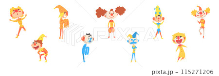 Funny Clown Boy Character in Bright Costume with Nose Vector Set Funny Clown Boy Character in Bright Costume with Nose Vector Set 115271206