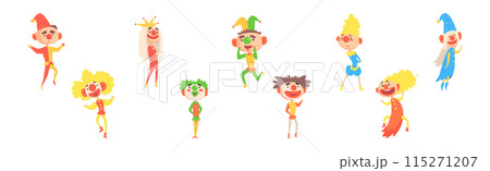 Funny Clown Boy Character in Bright Costume with Nose Vector Set Funny Clown Boy Character in Bright Costume with Nose Vector Set 115271207