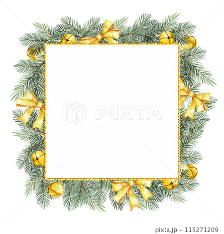 watercolor frame with Christmas tree with golden Christmas bells, bows, beads, hand drawn sketch of green fir branches with Christmas tree toys, on white background, winter illustration watercolor frame with Christmas tree with golden Christmas bells, bows, beads, hand drawn sketch of green fir branches with Christmas tree toys, on white background, winter illustration 115271209