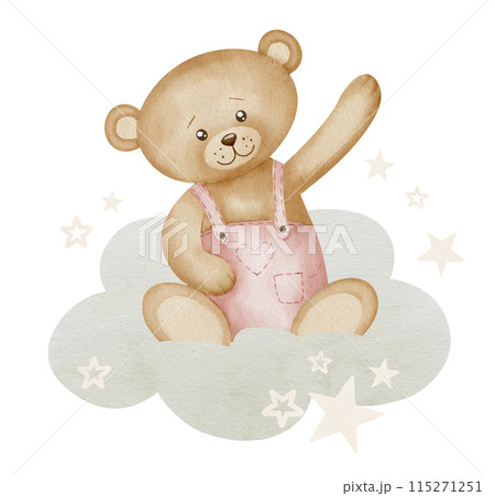 Teddy Bear watercolor illustration. Drawing of little cute animal in pastel brown and pink colors for Baby shower invitations or happy birthday greeting cards. Character with cloud and stars for girl. 115271251