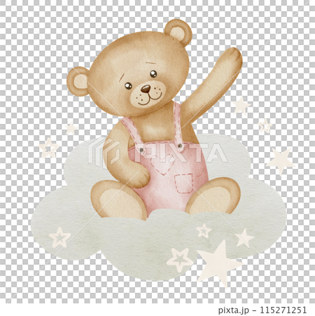 Teddy Bear watercolor illustration. Drawing of little cute animal in pastel brown and pink colors for Baby shower invitations or happy birthday greeting cards. Character with cloud and stars for girl. 115271251