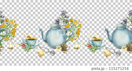 Seamless border. Tea party, herbal tea, cup, teapot, tea bags, strainer, meadow herbs for tea. All objects are hand-painted with watercolors. Suitable for packaging, kitchen textiles, design. 115271258