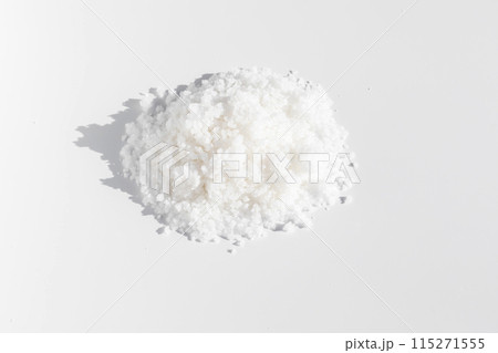 Top View Isolated Baja Salt. Kosher Mineral Unrefined Sea Salt, Natural Grain Crystals, White Background. Horizontal Plane 115271555