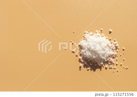 Top View Mockup Kosher Mineral Unrefined Sea Salt, Natural Grain Crystals, Copy Space for Text. Beach Yellow Background. Baja Salt. Horizontal Plane, Template 115271556