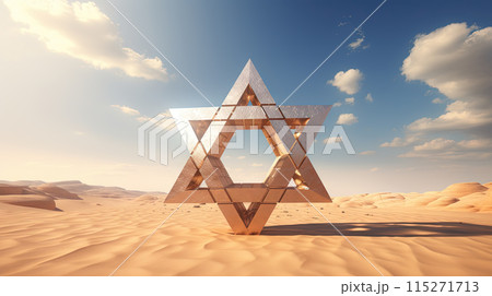 Metallic David star in the sand of desert. Shiny 3D Israel symbol of Magen David. Generated AI. 115271713