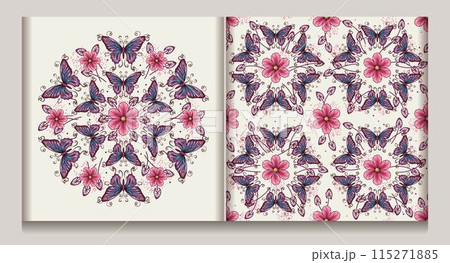 Seamless pattern, label with circular ornament like mandala with chamomile flower in center, fantasy colored butterfly with curled antennae. Geometric background. Art Nouveau style. 115271885