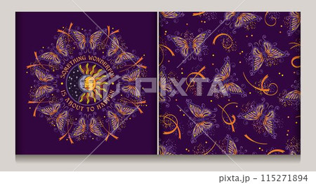 Set of mysterious circular label with sun eclipse, text, seamless pattern with fantasy colored butterflies. Art Nouveau style. Vintage style. Set of mysterious circular label with sun eclipse, text, seamless pattern with fantasy colored butterflies. Art Nouveau style. Vintage style. 115271894