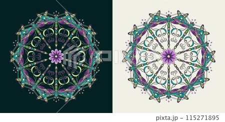Circular ornament like mandala with chamomile flower in center, fantasy colored dragonfly with curled antennae in Art Nouveau style. Vintage style. Circular ornament like mandala with chamomile flower in center, fantasy colored dragonfly with curled antennae in Art Nouveau style. Vintage style. 115271895