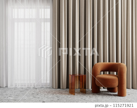 Minimalism interior with orange boucle fabric armchair and transparent plastic coffee table, terrazzo tile, curtains. 3d render illstration mockup. Minimalism interior with orange boucle fabric armchair and transparent plastic coffee table, terrazzo tile, curtains. 3d render illstration mockup. 115271921