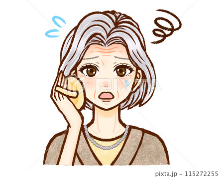 化粧が上手くできなくて悩むおばあさんのイラスト素材 115272255