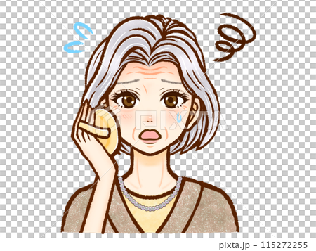 Illustration material of an old woman who is worried about not being able to put on makeup well 115272255