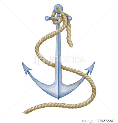 Anchor with Rope watercolor illustration in blue and beige pastel colors. Hand drawn clip art on isolated background. Drawing for print design or icon. Sketch for childish cards. Nautical style. 115272281