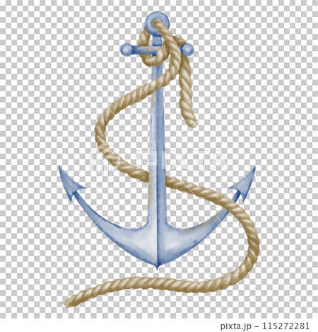 Anchor with Rope watercolor illustration in blue and beige pastel colors. Hand drawn clip art on isolated background. Drawing for print design or icon. Sketch for childish cards. Nautical style. Anchor with Rope watercolor illustration in blue and beige pastel colors. Hand drawn clip art on isolated background. Drawing for print design or icon. Sketch for childish cards. Nautical style. 115272281